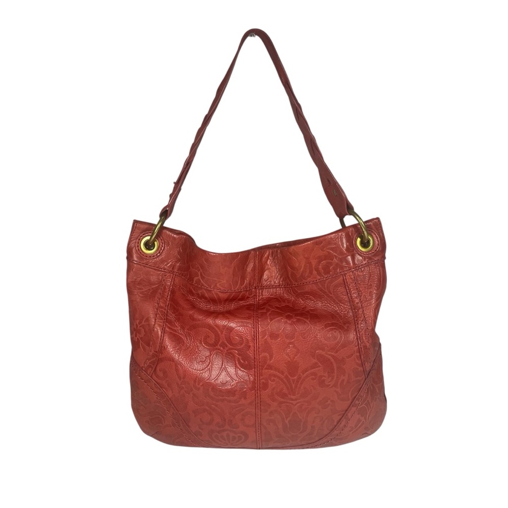 Vintage Fossil Red Embossed Leather Shoulder Bag Purse Handbag Braided Strap